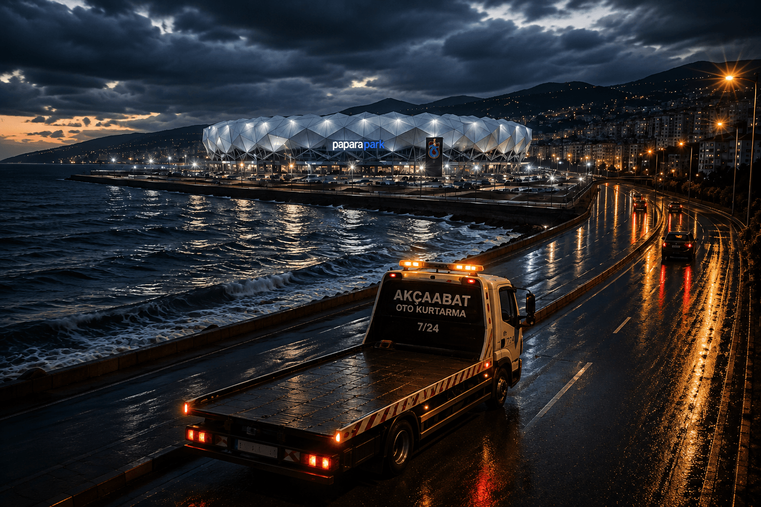 Gece şehir çıkışında yol yardım aracı