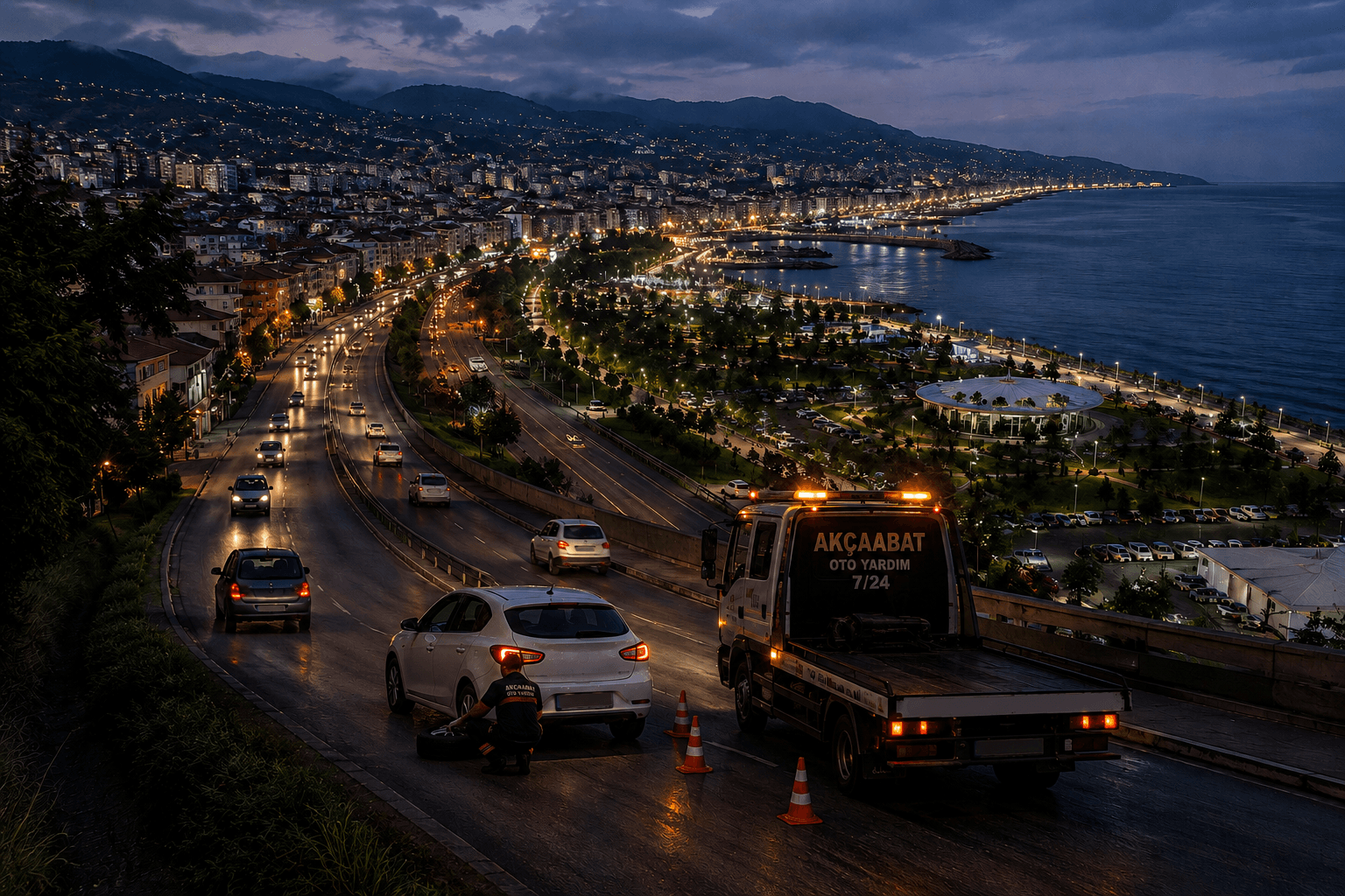 Yağmurlu gece yolunda çekici ve arıza yapan araç